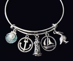 Nautical Charm Bracelet Expandable Adjustable Silver Bangle One Size Fits All Gift Pelican Lighthouse Sailboat Anchor Seashell Pearl