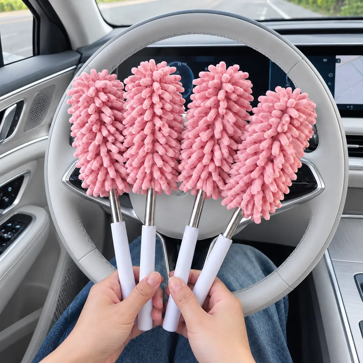 Telescopic Car Cleaning Brush, Extendable Interior Duster with Flexible Pink Head, 10.63 to 30.31 in, Compact Dusting Brush for Dashboard, Vents, Windshield, Console, Home Shelves & Blinds