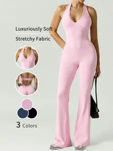 Women's Sexy Halter Neck Backless Yoga Jumpsuit - Color-Block Ribbed Stretch Breathable Workout Bodysuit, Slim Fit Long Sleeveless Exercise Outfit for All Seasons, Aerobic Clothing, Stretchy Fabric