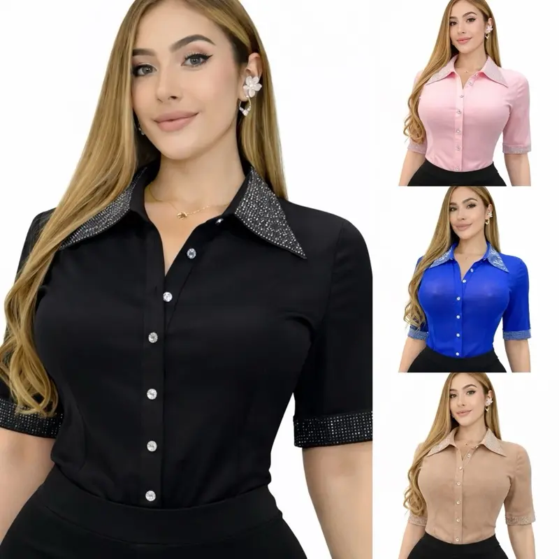 Women's Fitted Polo Shirts in Stretch Mesh Fabric, Elegant Short Sleeve Top with Crystal Trim and Button Front for Dressy Looks, Piece