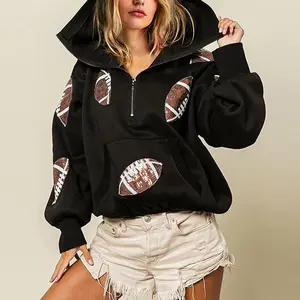 Suitable for Women's Game Day Sports Shirt Football Sequin Hoodie Tailgate Party Outfit Long Sleeve Zipper Sweater with Pockets Pullover Sweatshirt