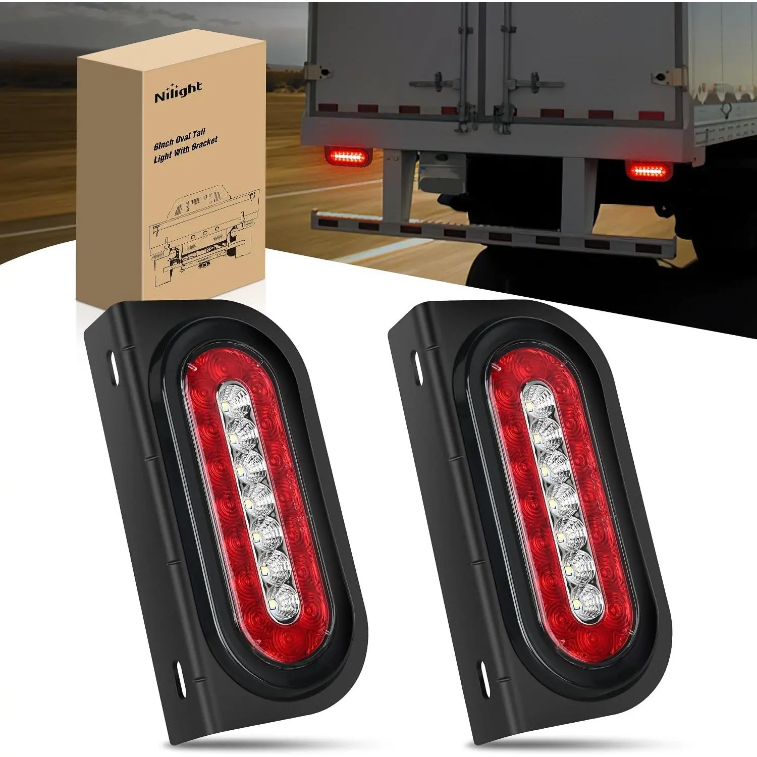 Nilight 6 in Oval LED Trailer Tail Lights (2PCS) - Red Brake Stop Turn Lights, White LED Backlights, Flush Mount Grommets, Plugs, Brackets for RV, Truck | Aftermarket, Semi Truck Accessories Led Blinker