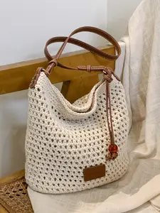 Women's Hollow Out Knitted Bucket Bag, Vintage Shoulder Strap, Large Capacity Commuter Travel Single-Shoulder Ladies' Handbag Crossbody Bag