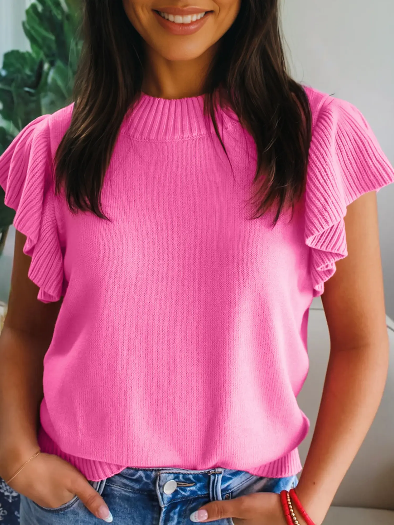 Solid Color Ribbed Trim Round Neck Ruffle Short Sleeve Sweater, Featuring A Solid Color Knit and Ribbed Texture Trimmings.
