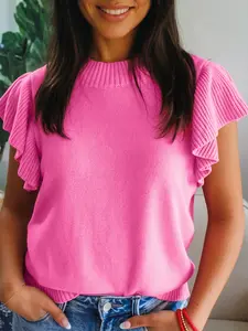 Solid Color Ribbed Trim Round Neck Ruffle Short Sleeve Sweater, Featuring A Solid Color Knit and Ribbed Texture Trimmings.