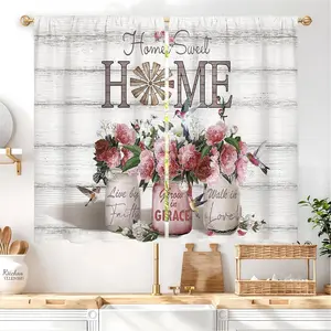 2-Panel Rod Pocket Floral Curtains, Red Rose Peony Vintage Design, Farmhouse Country Short Cafe Tiers for Kitchen & Bathroom Window Treatment (27.5W x 39L in) Home Decoration Blush Pink Accents, Vintage Floral Curtains