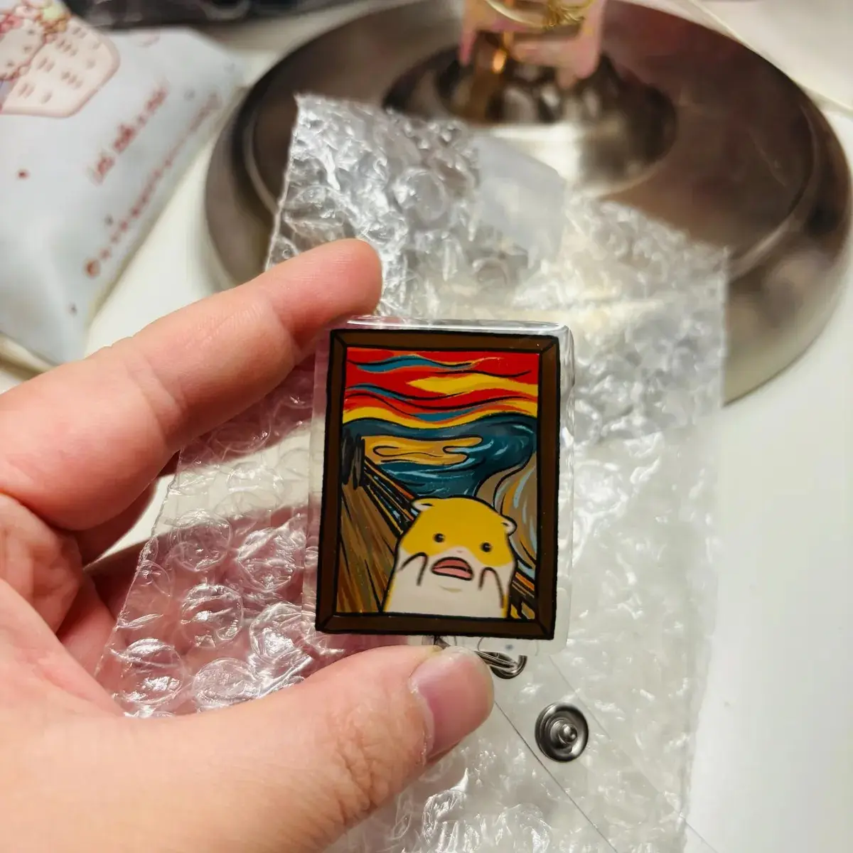 Hamster Scream Painting Badge Reel with ID Belt Clip Cute Design Acrylic for Children Gift Work Accessories Nurses Medical Teacher Student