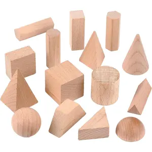 15 Pcs 3D Shapes Geometric Solids Large Size Burlywood Color Wooden Geometric Blocks Set Montessori Learning Pattern Blocks for Preschool Classroom Elementary Homeschool Supplies
