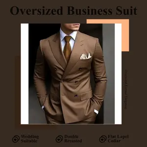 New Oversized Business Casual Suit for Men - Double Breasted, Flat Lapel Collar, Cotton Blended Fabric, Slim Fit, Wedding Suitable, Spring 2026 Formal Wear