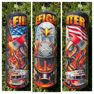 Firefighters 20 oz Tumbler Stainless Steel Vacuum Insulated Double Wall Sublimation Design with Plastic Straw and Sliding Lid for Hot and Cold Drinks