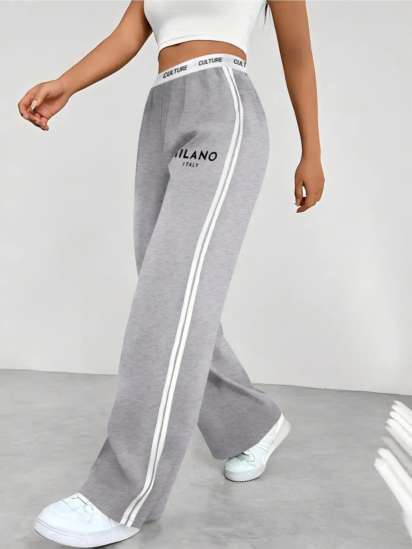 High Waist Sporty Print Jogger Pants, Loose-Fit Breathable Moderate Thickness Fabric, All-Season Comfort, Side Stripe Design, Ideal for Outdoor Activities