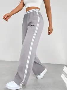 High Waist Sporty Print Jogger Pants, Loose-Fit Breathable Moderate Thickness Fabric, All-Season Comfort, Side Stripe Design, Ideal for Outdoor Activities