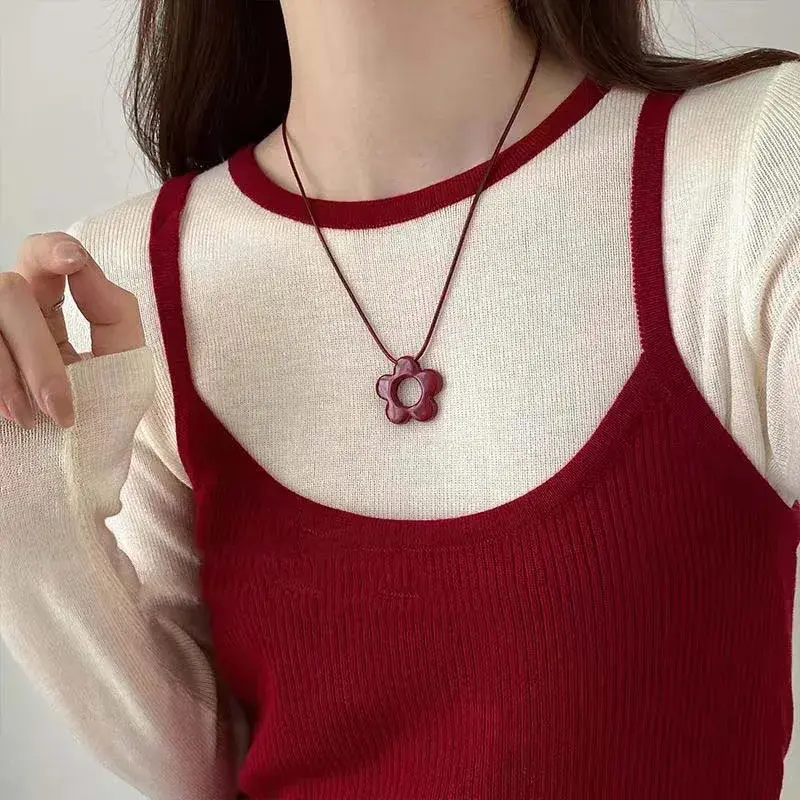 Korean Red Drip Oil Flower Pendant Necklace For Women Simple Black Rope Adjustable Knot Sweater Chain Wedding Jewelry Gifts