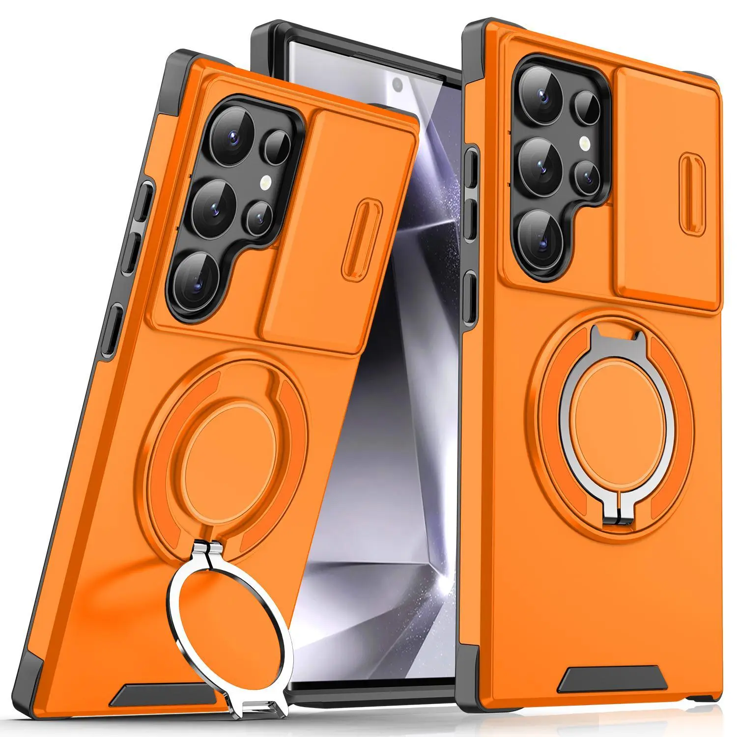 Samsung Galaxy S25/S24/S23/S22/S21 Ultra/Plus Magnetic Case with Sliding Camera Cover, 360° Rotating Ring Stand Holder, Shockproof Protective Phone Cover, Drop Resistant