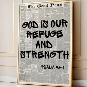 God Is Our Refuge and Strength Psalm 461 Bible Verse Poster, Newspaper Print Christian Modern Scripture Bold Typography, Pray for Charlie