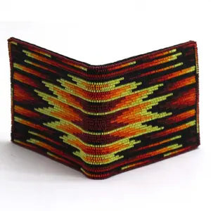 Handmade beaded Native American style genuine leather Men's bifold Wallet/purse - Brown Yellow Fire