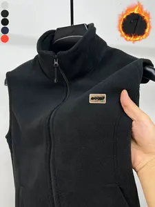 Men's Zipper Fleece Vest, Stand Collar Design, Left Chest Letter Pattern Tag, Warm, Navy Colors, Outdoor Casual Style