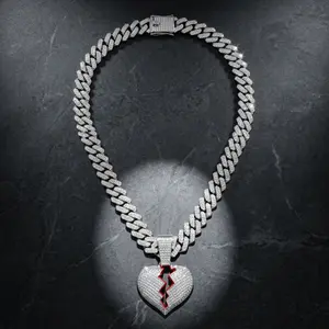 European and American hip-hop full-diamond broken red heart pendant Cuban chain personalized necklace collarbone chain choker unisex with diamonds