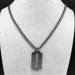 Stainless Steel Razor Blade Long Necklace for Men Women Black Color Punk Gothic Steampunk Grunge Hip Hop Necklaces Jewelry  913