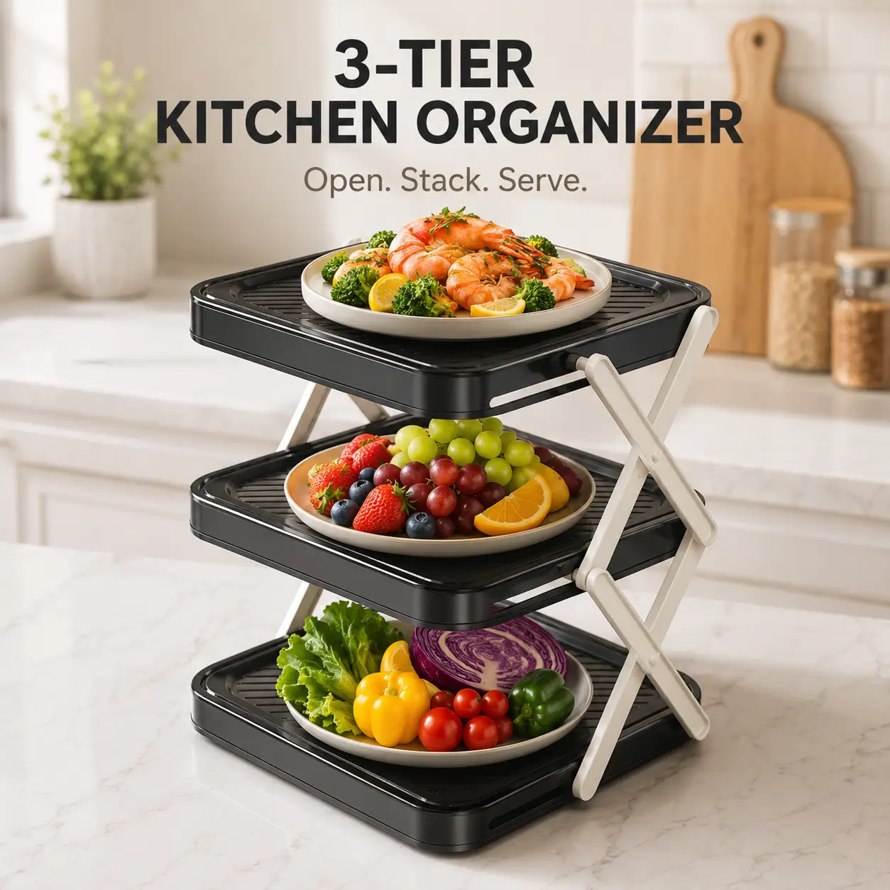 3-Tier Foldable Food Prep Rack, Kitchen Countertop Organizer, Space-Saving ABS Storage Shelf for Plates, Fruits, Spices & Meal Prep Household