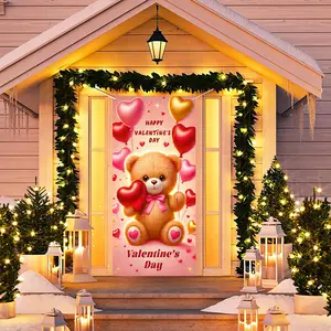 Valentine's Day Door Banner, Adorable Teddy Bear Backdrop, Heart Balloons Photo Background, Romantic Party Events Decor, No Power Needed