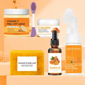 Turmeric 6-Piece Skincare Set with Massage Cleansing Brush – Includes Turmeric Clay Mask, Turmeric Mousse Cleanser, Turmeric Soap, Turmeric Face Cream, and Turmeric Oil. A complete cleansing and skincare kit facial