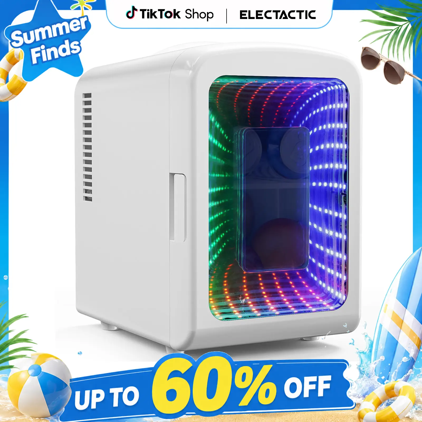 Electactic Mini Compact Refrigerator with Gaming Light, 4L Capacity/6 Cans Portable Mini Fridge, for Bedroom,Car,Office and Dorm, Small Cooler for Cosmetics, Beverage and Food, White