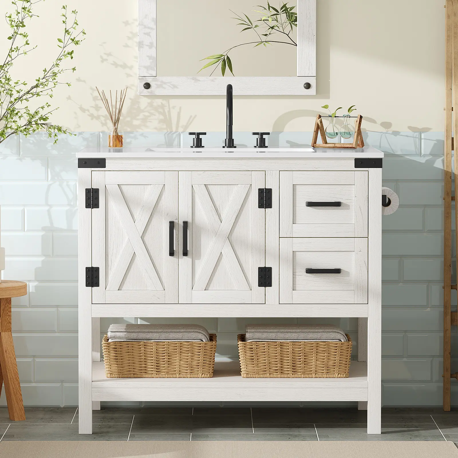 [Ships in 2 Boxes] [Summerwins] [SummerFinds] AMERLIFE 23.4"/36"/48"/60" Farmhouse Bathroom Vanity with Sink Combo, Wood Barn Door Freestanding Small Single Bath Storage Cabinet Set with Sliding Drawers & Open Shelf, Paper Towel Holder