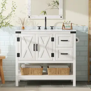 [Ships in 2 Boxes] AMERLIFE 36"/48"/60" Farmhouse Bathroom Vanity with Sink Combo, Wood Barn Door Freestanding Small Single Bath Storage Cabinet Set with Sliding Drawers & Open Shelf, Paper Towel Holder