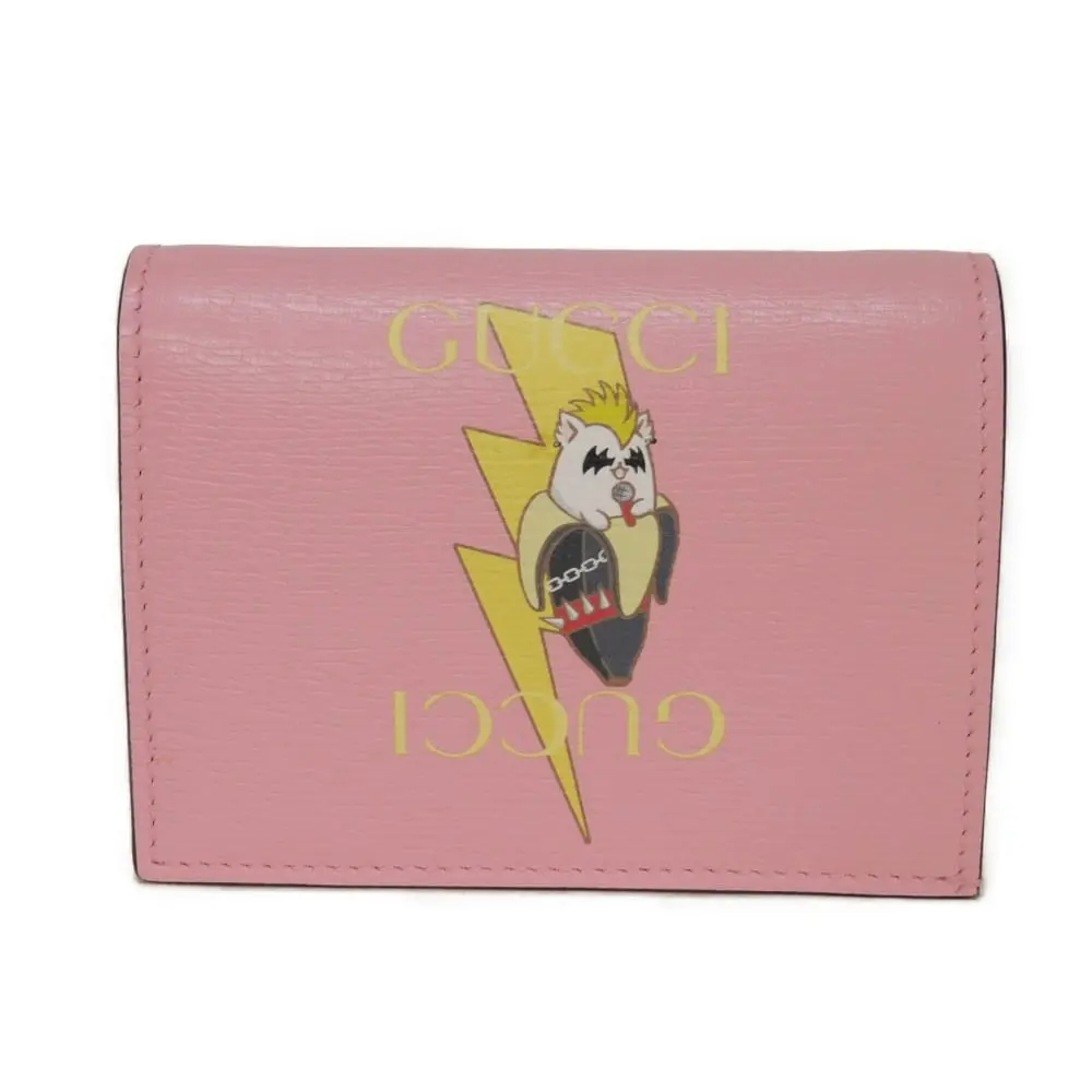 Pre-owned GUCCI Calfskin Small Leather Goods Bananya Textured Leather Compact Wallet