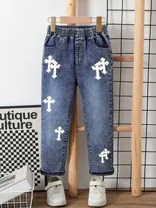 Boys' Trendy Cross Print Washed Denim Jeans, Comfortable Straight Leg Jeans, Slim Fit Casual Wear for Ages 8 and Below