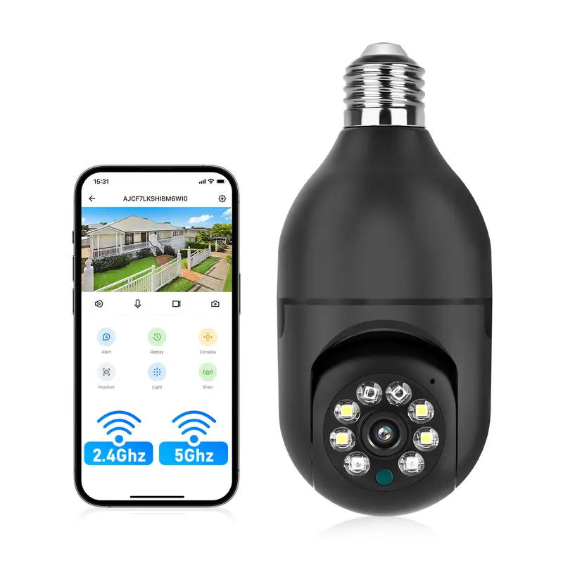 Jennov 2K WiFi E27 Plug-In Light Bulb Security Camera (Outdoor CCTV), 1-Pack/2-Pack/4-Pack Options, 2.4G, App-Controlled, AI Human Detection Auto Tracking, Siren Alarm, Alexa-Compatible, Light Socket Mount (Indoor/Outdoor Use, Micro SD Support)