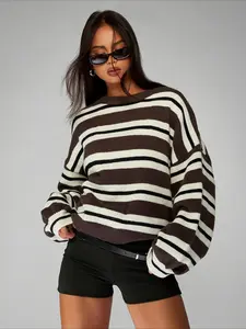 Women's New Loose Fit Elegant Casual Outdoor Knit Top, Striped Long Sleeve, Soft Fabric, Spring Y2K Fashion, Holiday Party Wear, Knitwear