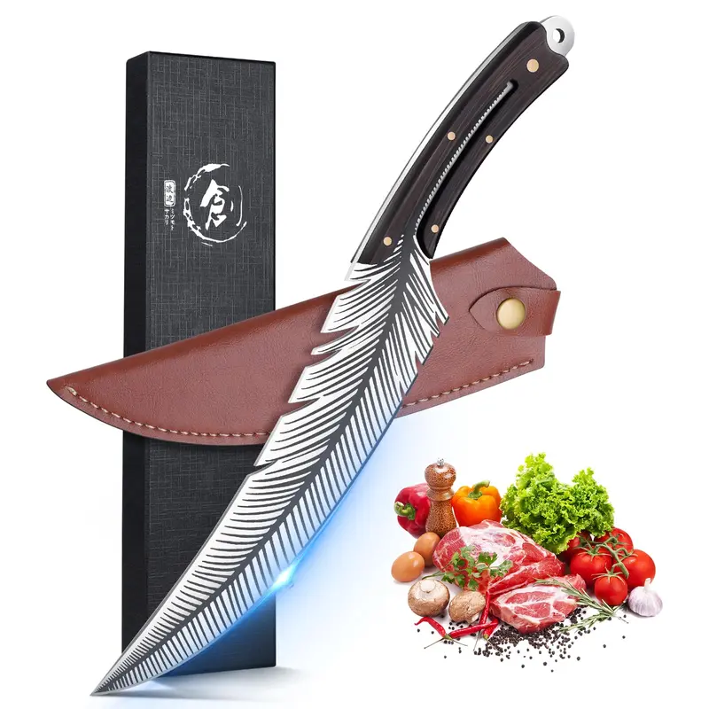 Huusk Hand Forged Kitchen Knives, Professional Feather,High Carbon Steel,Wooden handle with Sheath for Pineapple Blade Knives,Perfect BlackFriday Gift