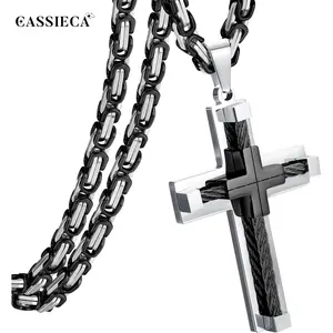 CASSIECA Men's Stainless Steel Large Cross Necklace, Byzantine Chain Pendant (Silver/Gold/Black), 61cm Men's Jewelry for Daily Wear, Fashion Accessories SummerVibes