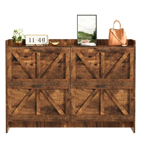 Topwin PB Wooden Shoe Cabinet - 4-Layer, Double-Door with Handles, Iron Frame, 80x24x101cm, Anti-Tip Screws, Arrow-Shaped Section, Assembly Required, Modern Durable Home Organizer for Entryway, Extended Storage Solutions