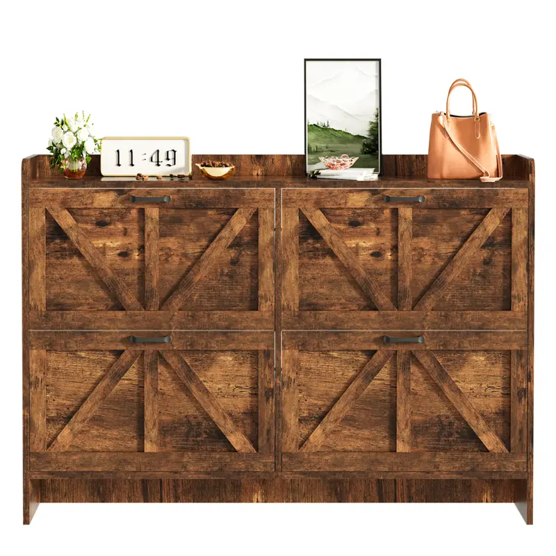 Topwin PB Wooden Shoe Cabinet - 4-Layer, Double-Door with Handles, Iron Frame, 80x24x101cm, Anti-Tip Screws, Arrow-Shaped Section, Assembly Required, Modern Durable Home Organizer for Entryway, Extended Storage Solutions