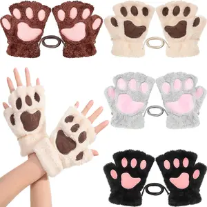 4 Pairs Furry Cat Paw Gloves Fingerless Mitten Finger Half Glove Winter Plush Mitten for Halloween Adult Costume