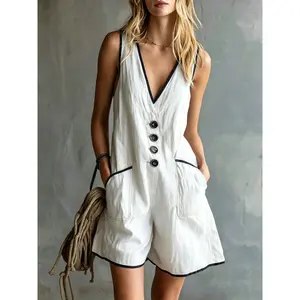 Women's Cotton Linen Deep V Neck Button Front Romper Contrast Trim Sleeveless Loose Short Jumpsuit with Pockets Casual Boho Summer Beach Vacation Playsuit