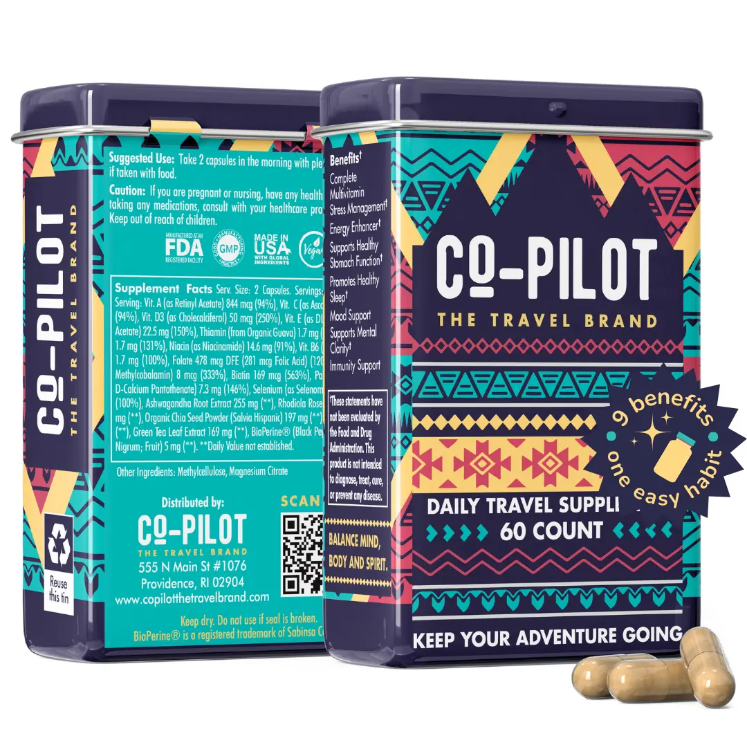 Co-Pilot All-in-1 Travel Supplement: Jet Lag Prevention + Ashwagandha, Rhodiola, D3+ for Immune Support, Energy, Digestive Health | Airplane Travel Essentials Multivitamin | Vegan, 60 Count