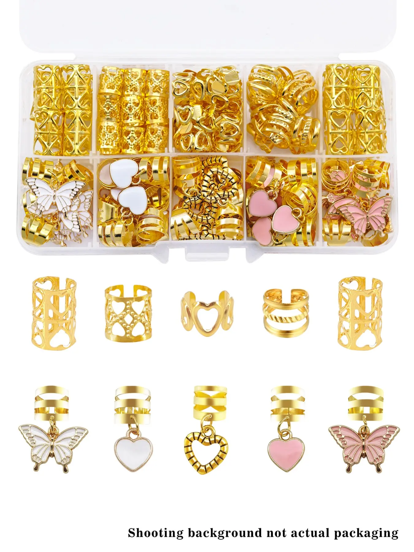 45pcs Romantic & Heart & Butterfly Hair Rings, Delicate Adjustable Cuffs, Sweet Bohemian All Season Wear Hair Jewelry for Dreadlocks & Braids