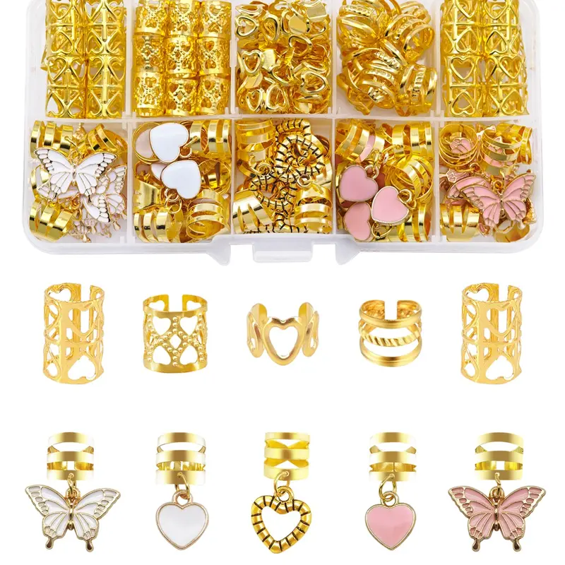 45pcs Romantic & Heart & Butterfly Hair Rings, Delicate Adjustable Cuffs, Sweet Bohemian All Season Wear Hair Jewelry for Dreadlocks & Braids