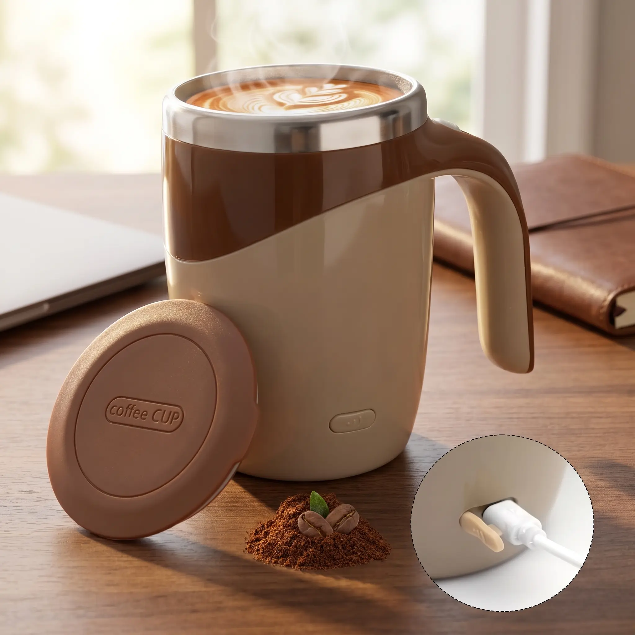 Rechargeable Automatic Stirring Coffee Mug, Stainless Steel Brown | Portable travel size, office home use, leakproof lid, coffee milk cocoa and more hot drinks, easy clean, fun gadget gift