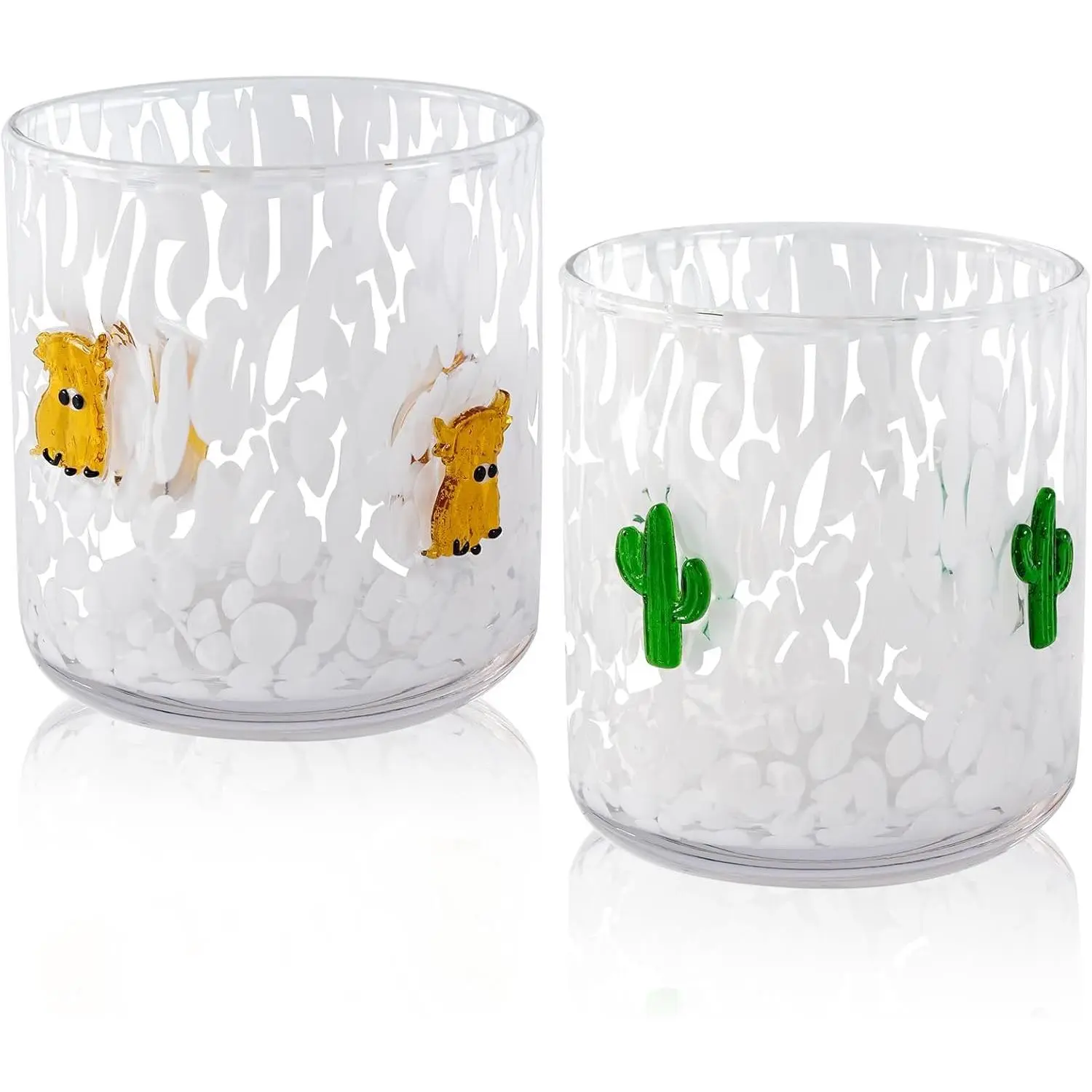 Women's 2-Pcs Cow-Design Transparent Kitchen Drinkware Set - 16 oz Round Edges Double Old Fashioned Tumbler, Cactus Graphic Cocktail Glass with Rural Charm, 14 oz Safe Grip Cup, for Cold Drinks, Gifting