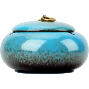 Large size color glaze cigarette ashtray windproof and rainproof outdoor ceramic ashtray travel portable ash tray with metal lifting ring lid decorative ashtray blue