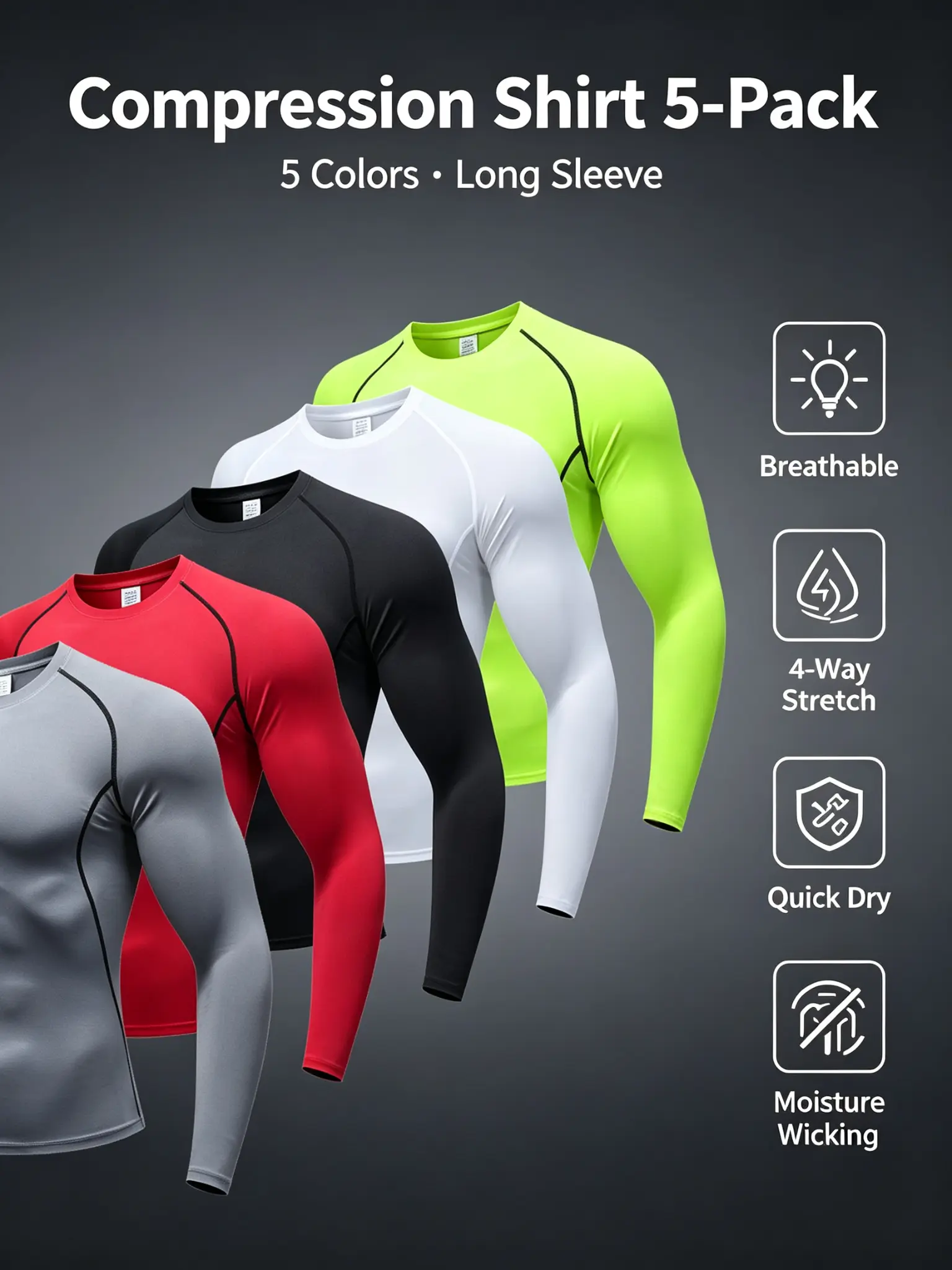 Men's 5-Pack Solid Color Polyester Long Sleeve Compression Shirts, Quick Dry Moisture Wicking 4-Way Stretch Breathable Athletic Base Layer Workout Undershirts for Gym, Running, Solid Colors