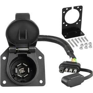 4-Pin to 7-Pin Round Plug Trailer Adapter with Mounting Bracket, 4-Pin Flat to 7-Pin Plug Reverse Wiring Harness Connector, 16AWG Copper Wire Trailer Light Plug Suitable for RV Truck Factory Trailer Kit