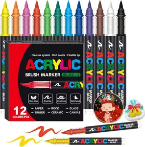 Acrylic Brush Marker Pen, 1 Set Waterproof Pen with Soft Brush Nib,Art Paint Marking Set for Rock, Wood, Glass, Fabric, Canvas & DIY Crafts,Art Supplies Gifts,Back to School