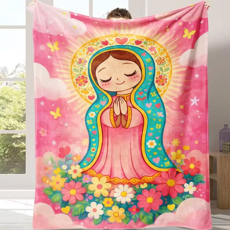 Cartoon Holy Lady Blanket for Kids – Cozy Soft Flannel Throw, Cute Heavenly Mother Illustration, Perfect Birthday Gift, Christmas Gift, Easter Gift, Ideal for Bed, Sofa, Living Room & Children’s Faith Learning Decor