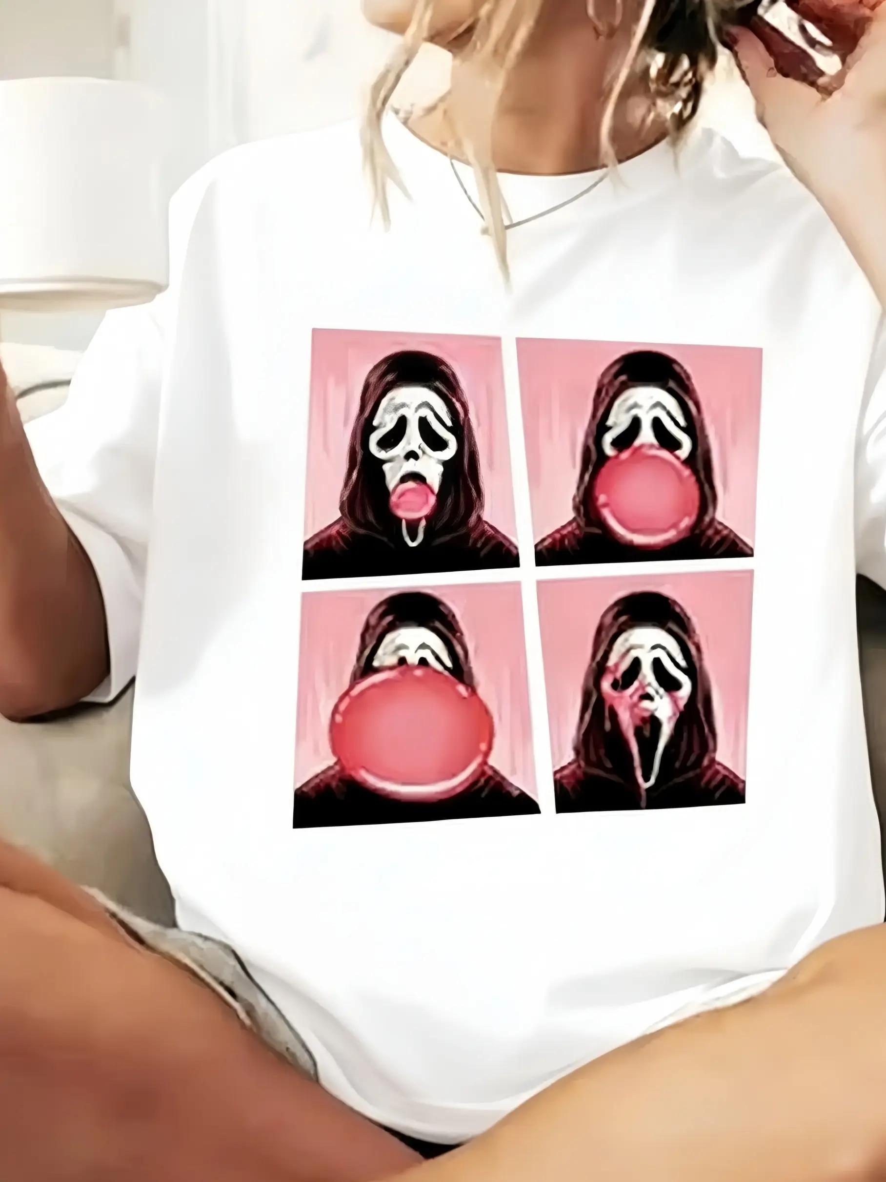 Ghostface Pink Bubblegum Graphic Tee | 100% Cotton Vintage Black Shirt | Scream Halloween & Summerween Top for Men & Women | Retro Spooky Aesthetic Casual T-Shirt